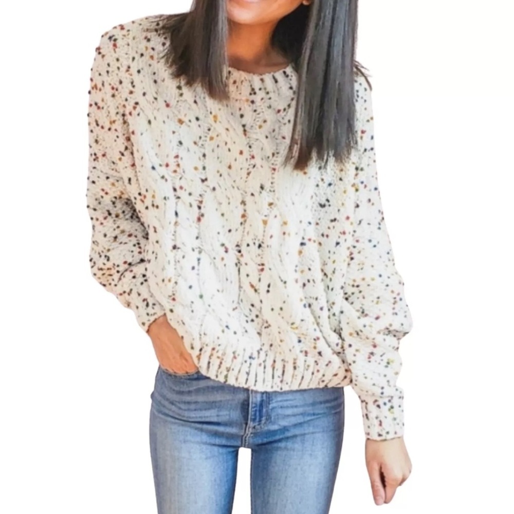 Ee:some Confetti‎ Cable Knit Sweater Womens S/M Ivory Chunky Colorful
